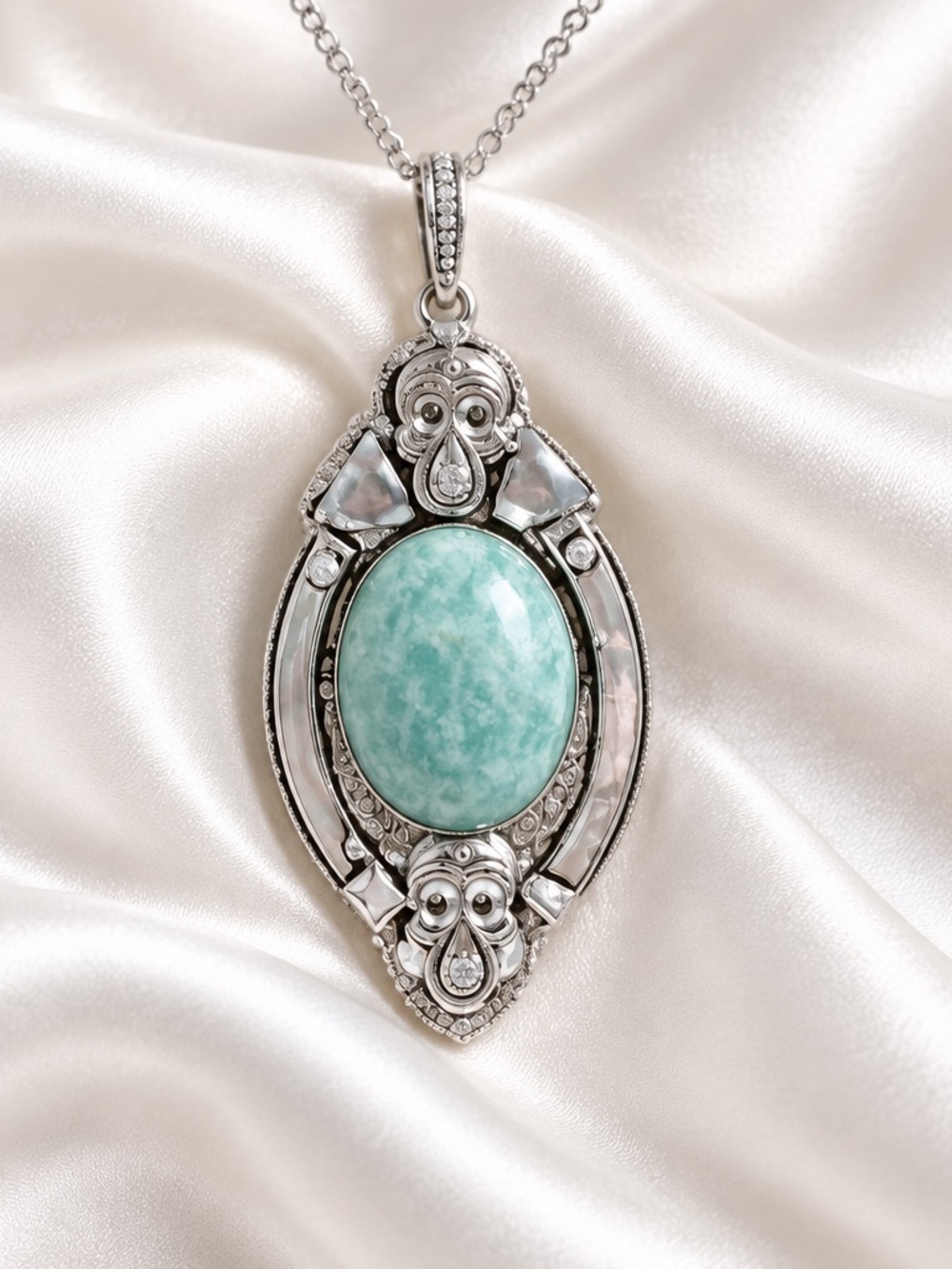 Artisan Silver Amazonite Healing Necklace with Aqua Green Oval Stone